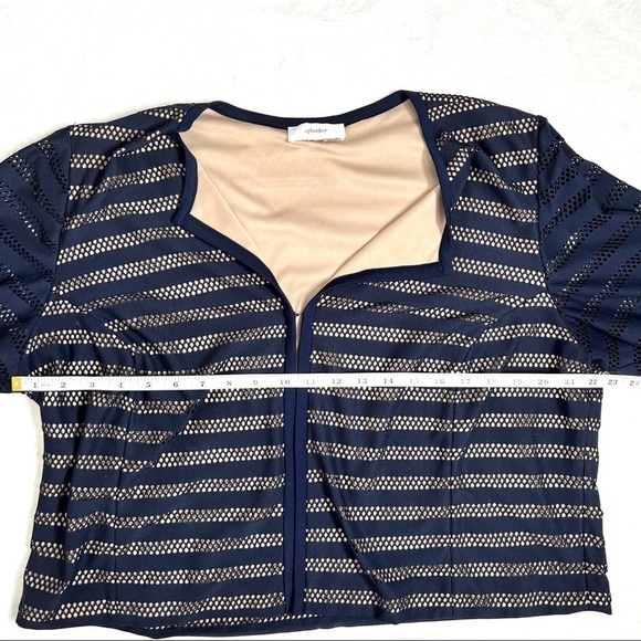 CJ Banks Open Front 3/4 Sleeve Navy and Beige Dressy Netted Cardigan Large - Picture 9 of 14